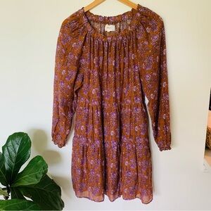 XiRENA Rust Brown and Lavender Floral Long Sleeve Dress